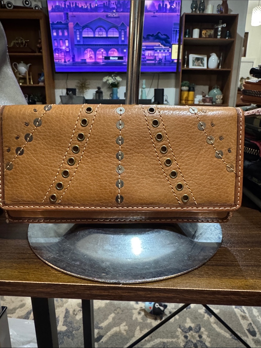 Tan Leather Stud Accent Women's Clutch Wallet